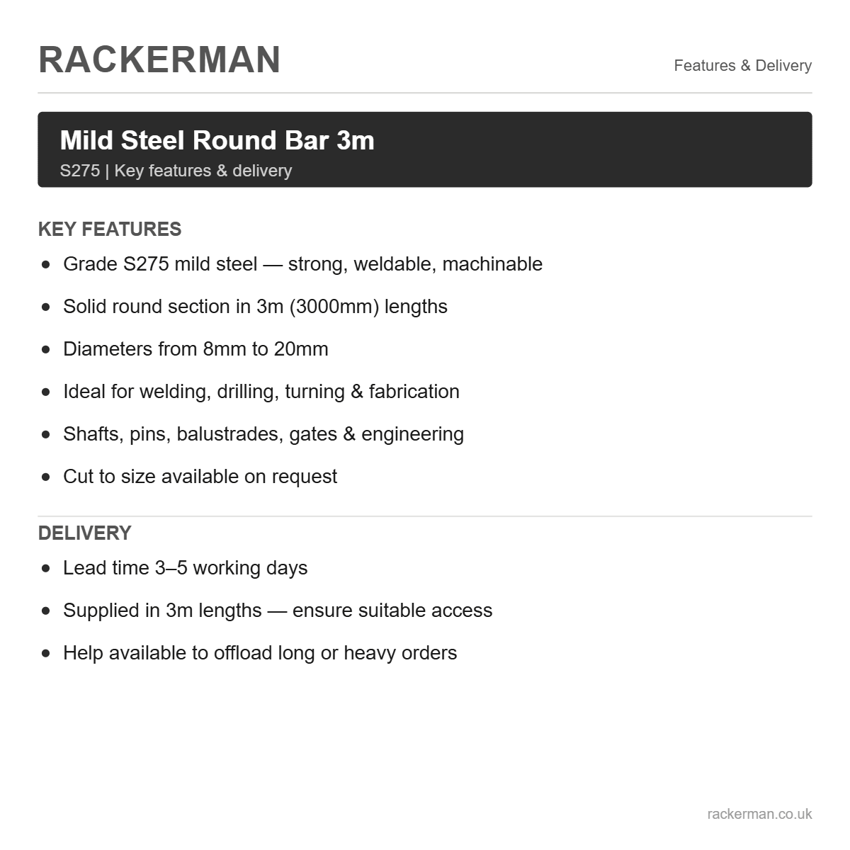 3m Mild Steel Round Bar S275 - Solid Steel Bar 8mm to 20mm - Rackerman