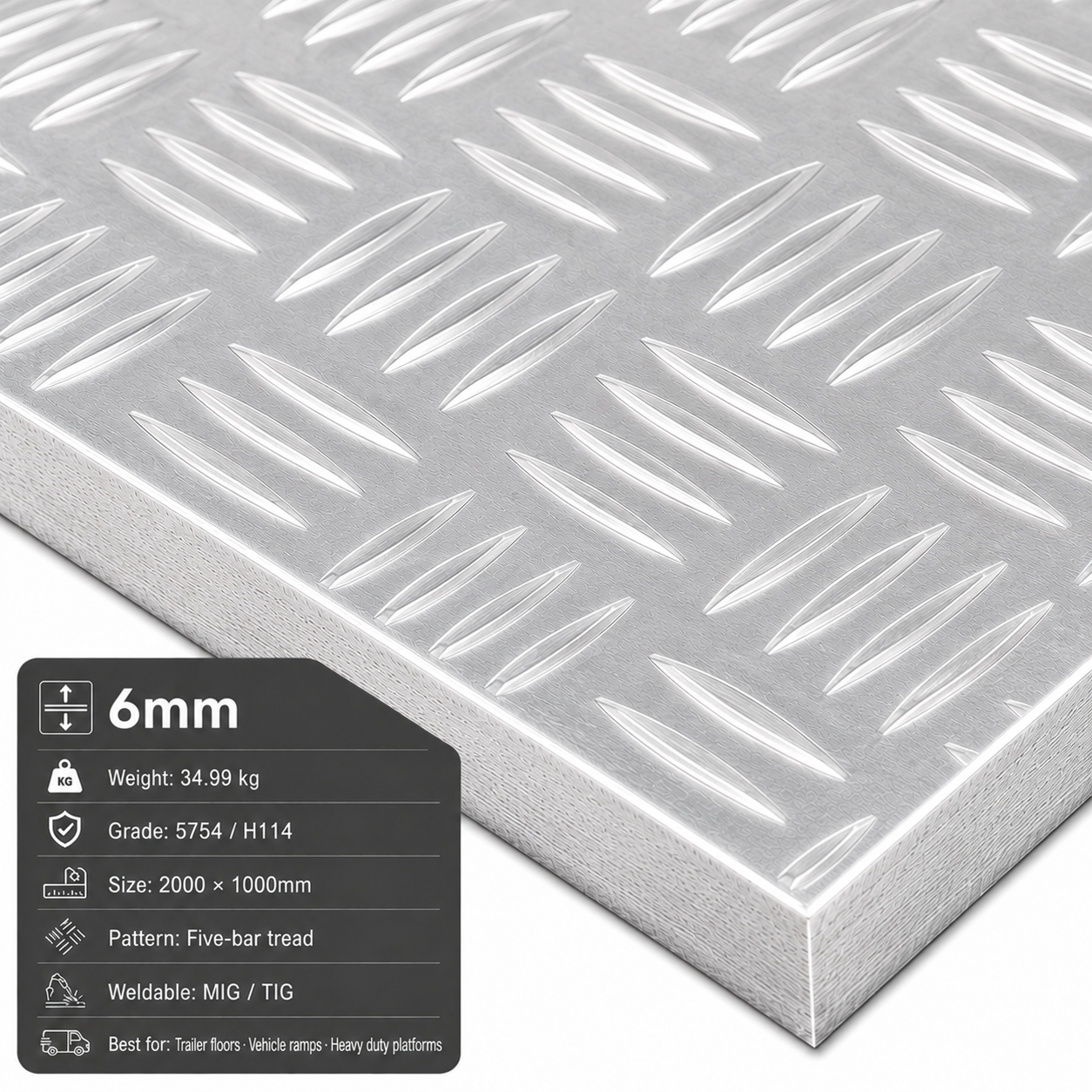 Aluminium chequer plate 2m x 1m (2000 x 1000mm) 5754 five-bar tread plate - view 5