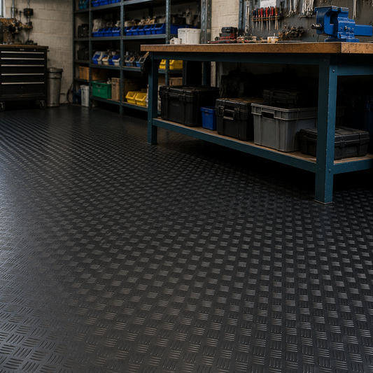 Installed black 1.5m wide 3mm 5 bar rubber flooring in a busy workshop with workbench and tools visible