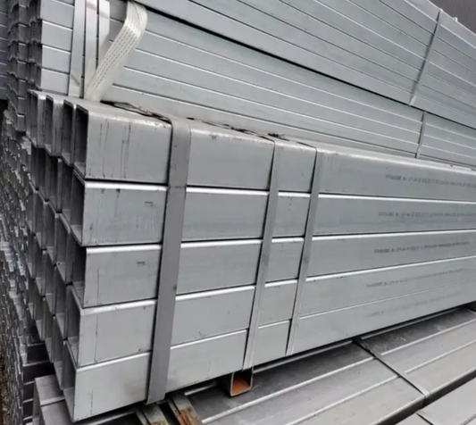 Galvanised rectangular hollow section steel lengths stacked together
