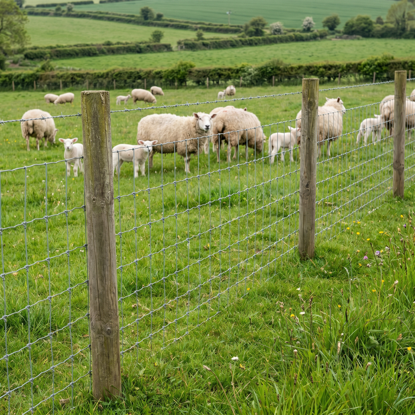 Galvanised stock fencing with sheep and lambs grazing in a UK field