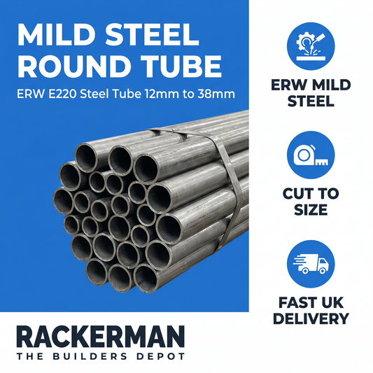 Mild steel round tube infographic — ERW E220, cut to size, fast UK delivery from Rackerman