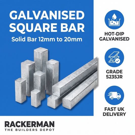 Galvanised square bar infographic — hot-dip galvanised S235JR, fast UK delivery from Rackerman