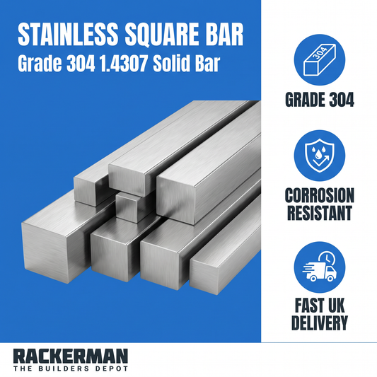Stainless square bar infographic — grade 304, corrosion resistant, fast UK delivery from Rackerman