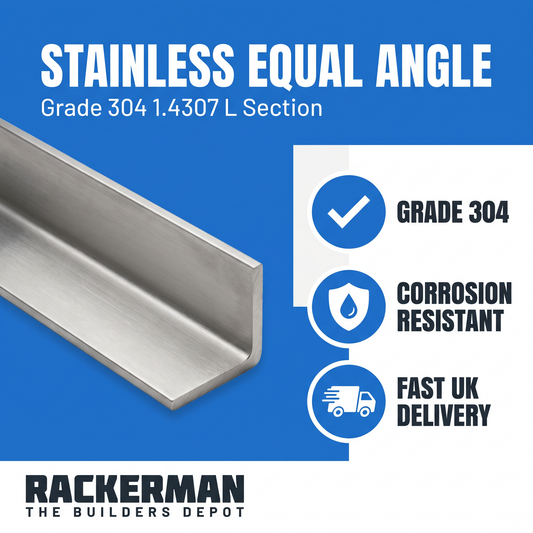Stainless equal angle infographic — grade 304, corrosion resistant, fast UK delivery from Rackerman