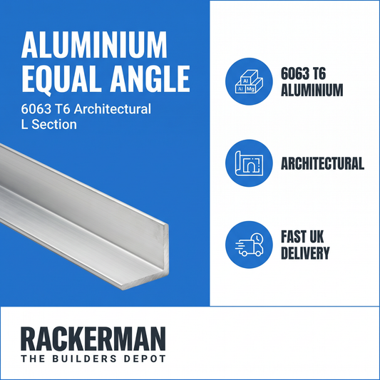 Aluminium equal angle infographic — 6063 T6 architectural, fast UK delivery from Rackerman