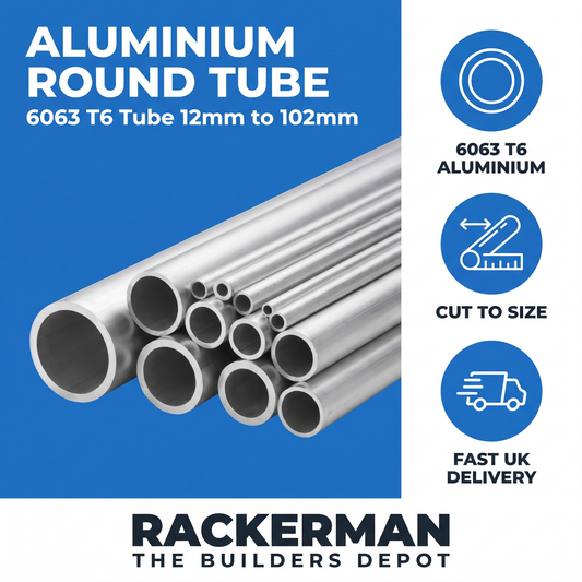 Aluminium round tube infographic — 6063 T6, cut to size, fast UK delivery from Rackerman