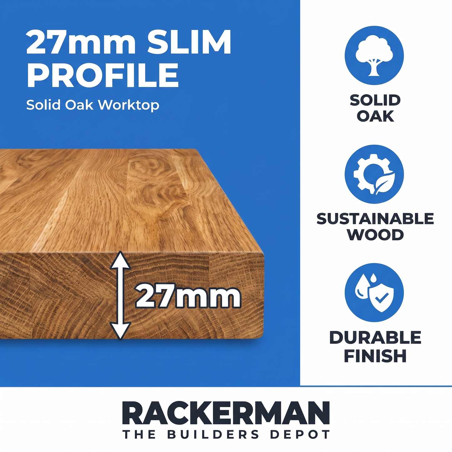 27mm slim profile thickness diagram of a solid oak worktop