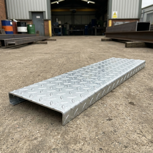 Hot-dip galvanised steel durbar checker plate stair tread with folded nosing