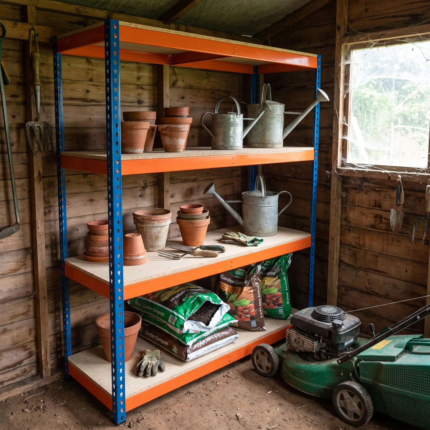 Shed shelving unit holding plant pots, compost and garden tools, boltless steel racking 250kg