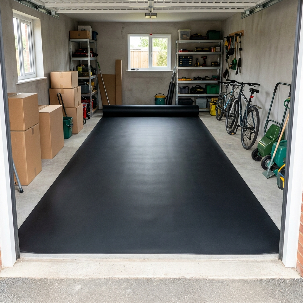 Smooth rubber matting roll rolled out across a garage floor