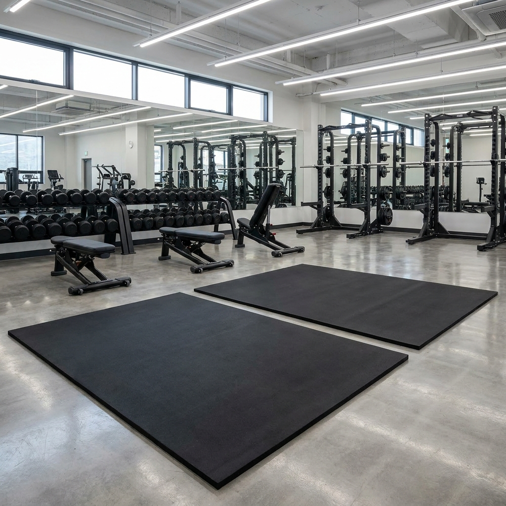 Large rubber gym mats side by side in a commercial gym free-weights area