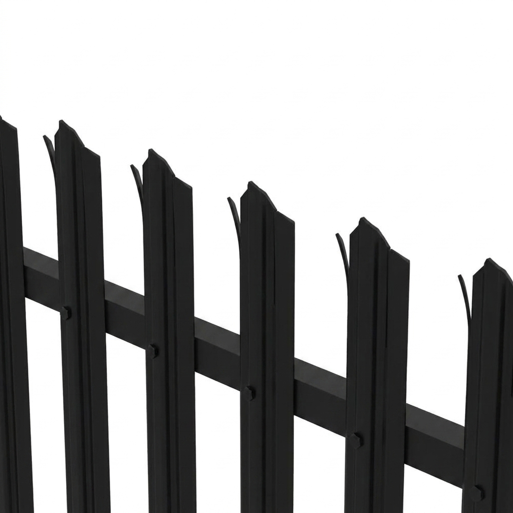 Black powder-coated palisade fencing 2.75m run, RAL 9005 matte black, triple-point pales