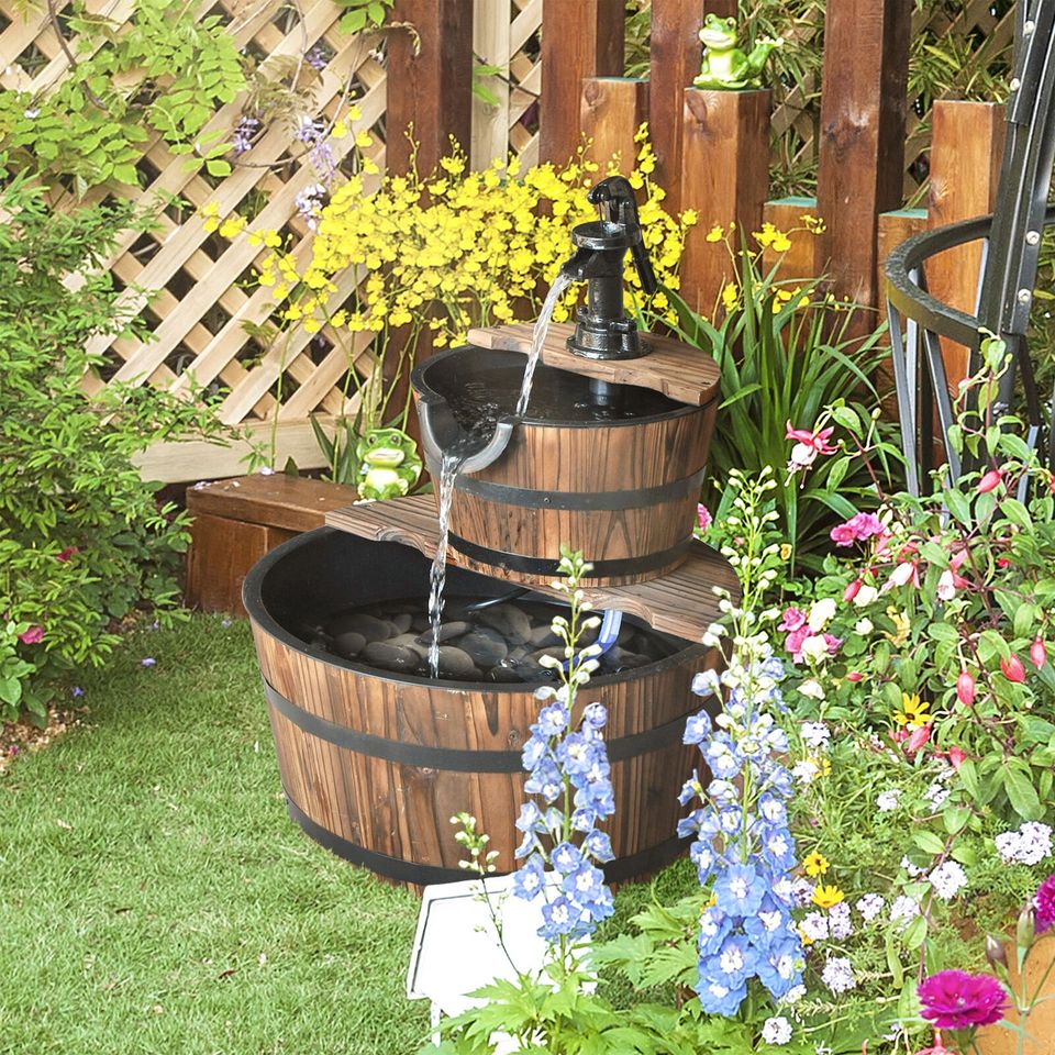 Outdoor Patio Fountain 2 Tier Cascading Feature Wood