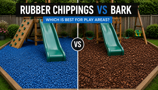 Rubber chippings vs bark for play areas — recycled rubber mulch left, natural wood bark chippings right, UK garden play area comparison