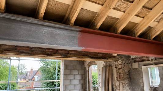 RSJ steel beam installed in a UK loft conversion showing mill finish steel on one side and red oxide primer coating on the other, with exposed timber joists and brickwork in a home renovation setting.  Undergoing renovation with steel beam focus  Edit