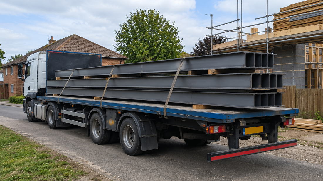 Flatbed lorry delivering RSJ steel beams to a UK residential construction site with multiple steel beams secured for transport beside a house extension project.