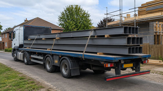 Flatbed lorry delivering RSJ steel beams to a UK residential construction site with multiple steel beams secured for transport beside a house extension project.