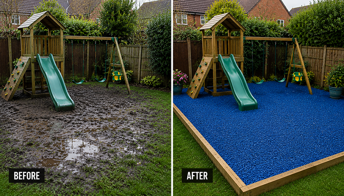 muddy play area vs playground rubber chippings in blue