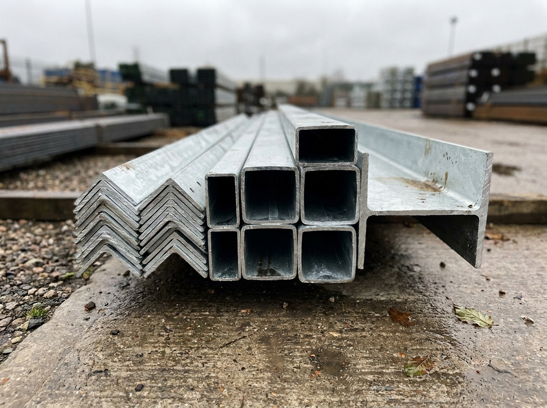Hot-dip galvanised steel sections stacked on a UK fabrication yard — spangled zinc coating to BS EN ISO 1461, overcast British daylight