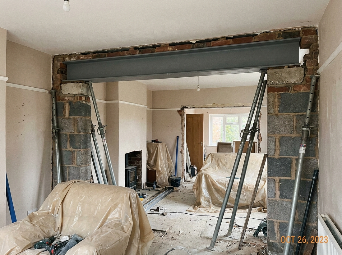Steel RSJ universal beam installed over a knocked-through opening in a UK home renovation — mill finish I-section bearing onto padstones