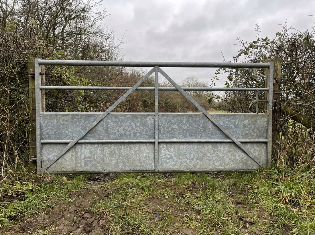 Weathered galvanised steel gate showing an even grey zinc patina after years of UK outdoor exposure — no red rust