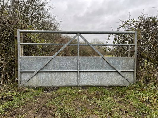 Weathered galvanised steel gate showing an even grey zinc patina after years of UK outdoor exposure — no red rust