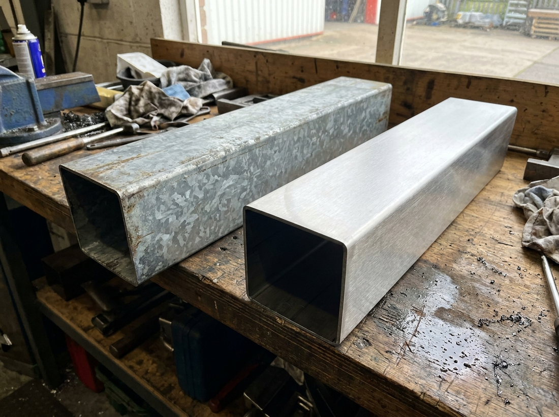 Galvanised steel section beside a brushed stainless steel section — spangled grey zinc next to bright satin stainless, UK workshop
