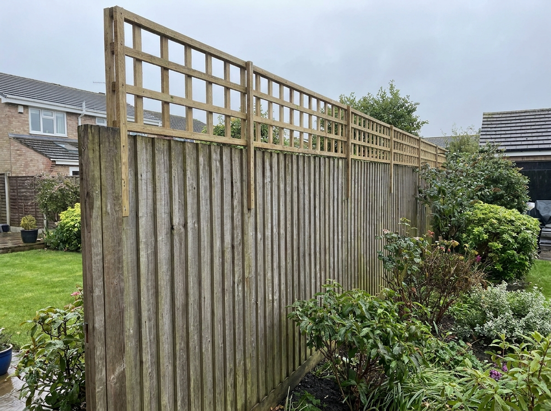 UK garden fence raised with a timber trellis topper above existing closeboard panels — boundary fence height extension