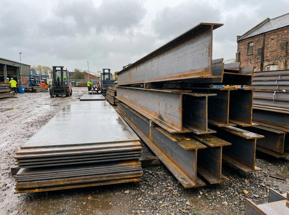 Structural steel beams and plate side by side on a UK steel stockholder rack — comparing S275 and S355 grade steel