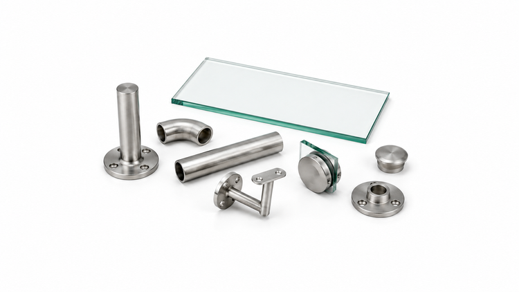 Stainless steel handrail components in 316 marine grade satin finish with a toughened glass infill panel, including handrail tube, end post, elbow joiner, wall bracket, glass clamp, end cap and wall flange on a white background