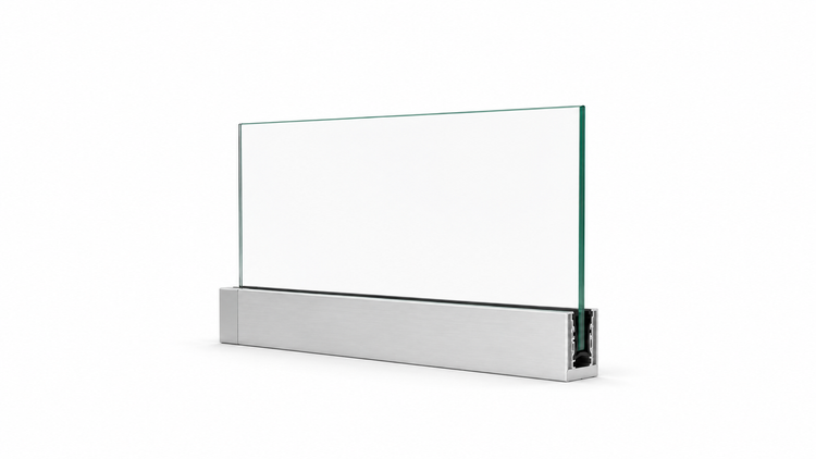 Frameless glass balustrade system showing a clear toughened glass panel held in a mill-finish aluminium base channel with rubber gaskets and an end cap, photographed on a white background