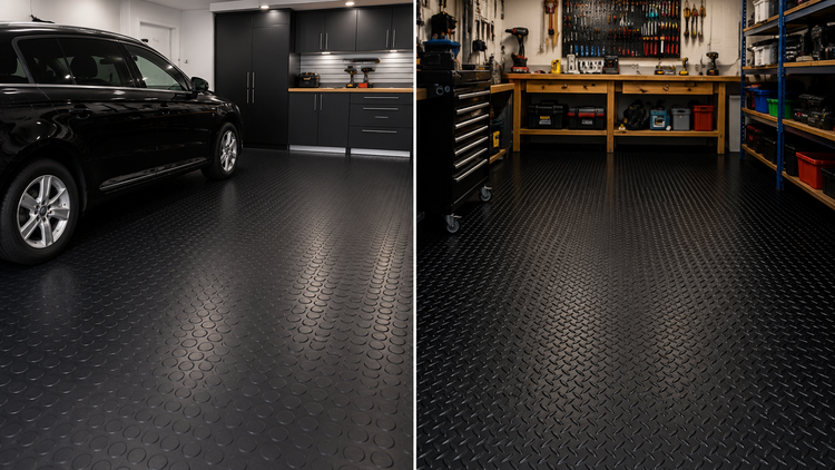 Black rubber garage flooring installed in modern UK garage and workshop with coin and 5 bar checker flooring designs
