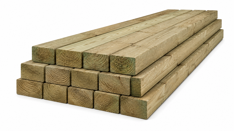 Sawn treated timber in C16 and C24 grades — pressure-treated softwood carcassing from 2x2 to 10x2 for decking, studwork, joists and fencing