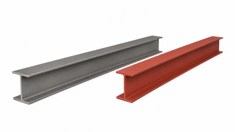 RSJ steel beams and universal columns in mill finish and red oxide primer — S355 structural steel sections for UK construction, extensions and loft conversions