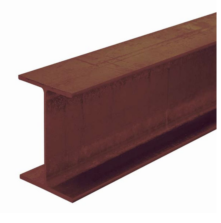 Red oxide RSJ steel beams stacked for UK construction delivery