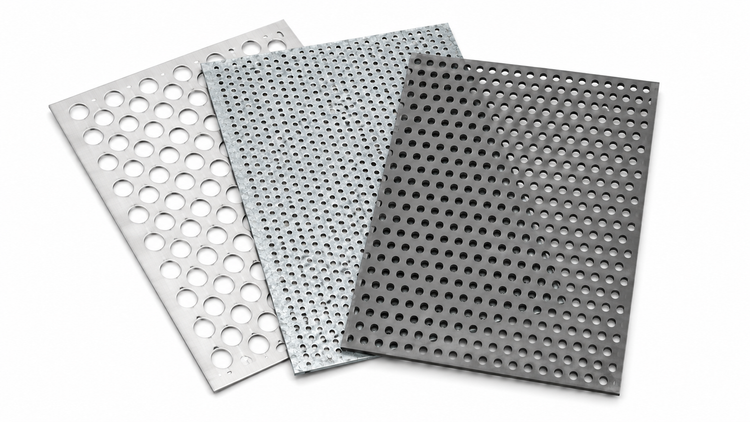 Three perforated metal sheets on a white background showing mild steel, galvanised steel and aluminium finishes with round hole patterns in varying sizes