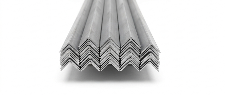Stack of steel angle (L-section angle iron) lengths on a white background
