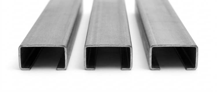 Steel parallel flange and U channel sections on a white background