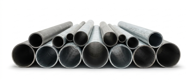 Round steel tube and pipe of various diameters on a white background