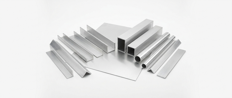 Assortment of aluminium sections, tube, bar and sheet on a white background