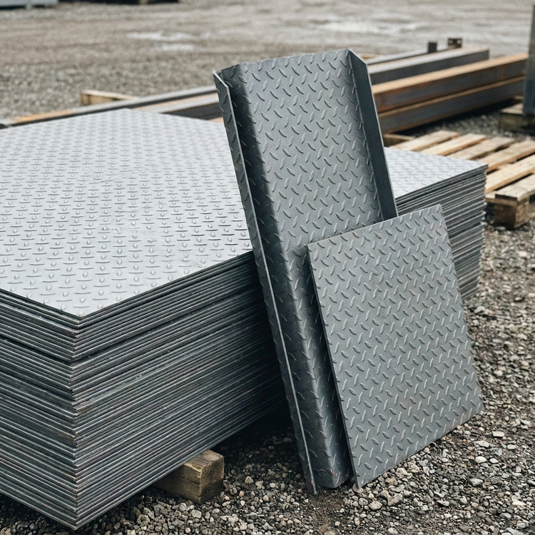 Durbar plate range — S275 steel chequer plate sheets, stair tread and landing plate in a UK steel yard