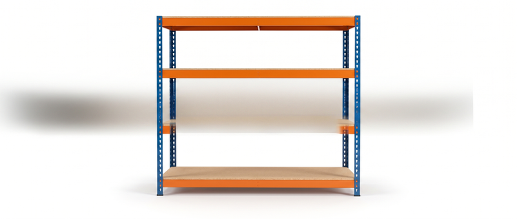 Heavy duty garage racking unit, orange and blue boltless steel shelving on a white background