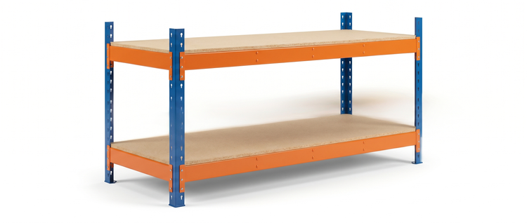 Heavy duty steel workbench, orange and blue boltless bench with chipboard worktop on a white background