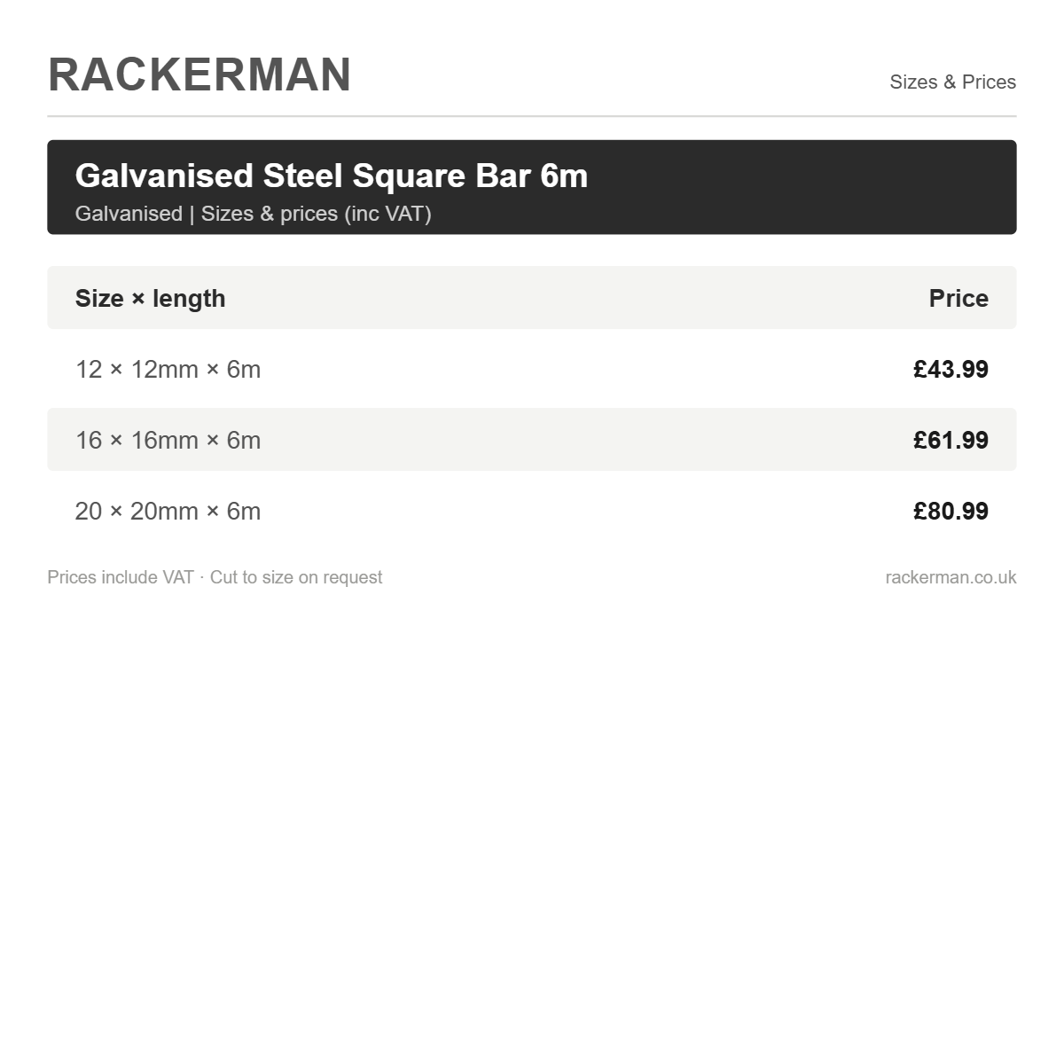 Galvanised steel square bar 6m sizes and prices inc VAT - Rackerman