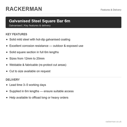 Galvanised steel square bar features and UK delivery - Rackerman