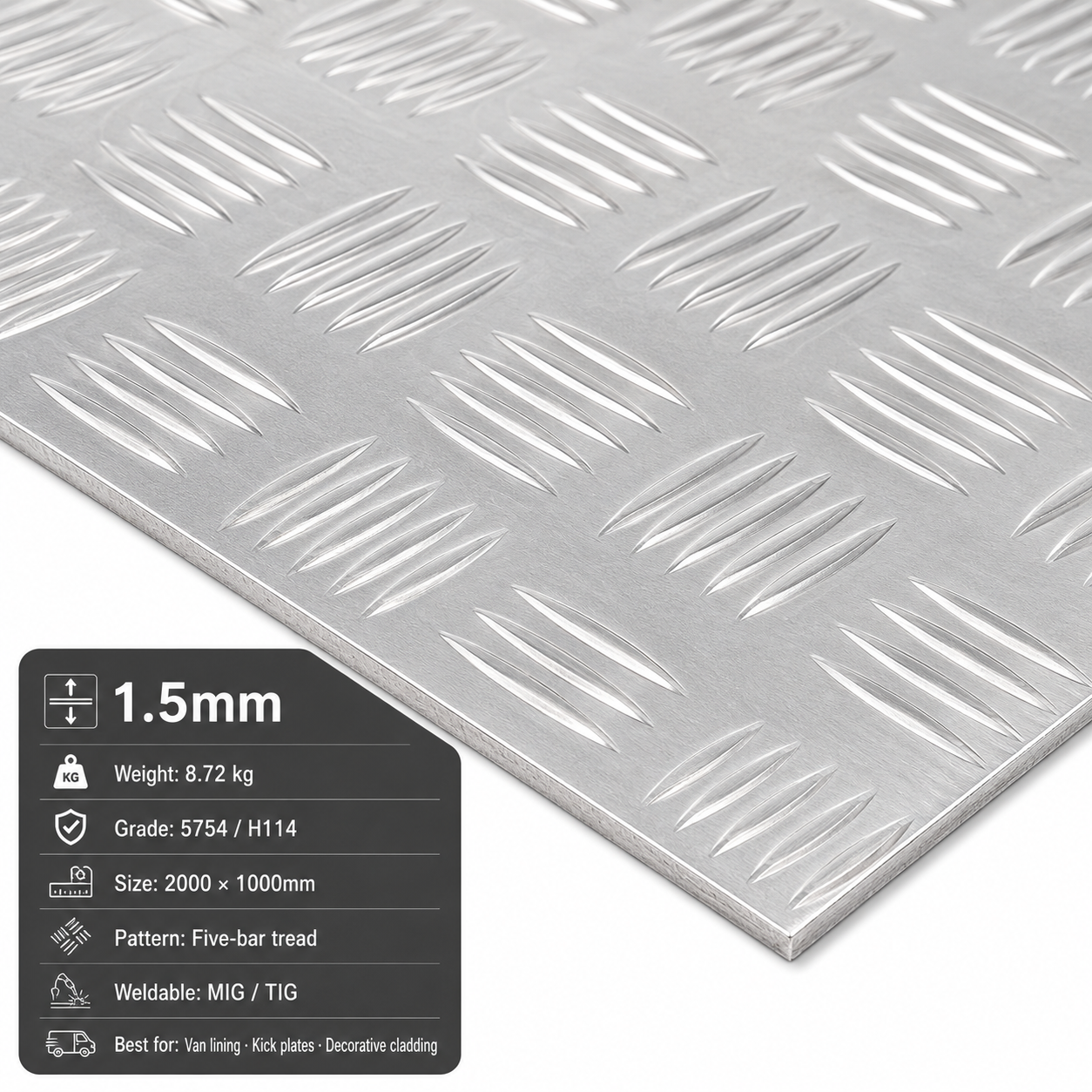 Aluminium chequer plate 2m x 1m (2000 x 1000mm) 5754 five-bar tread plate - view 1