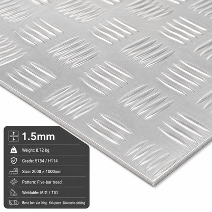 Aluminium chequer plate 2m x 1m (2000 x 1000mm) 5754 five-bar tread plate - view 1