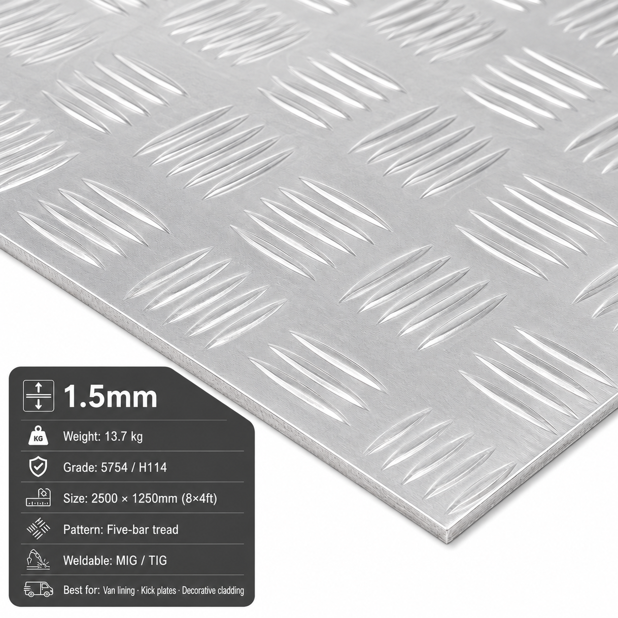 Aluminium Chequer Plate 8x4 (2500 x 1250mm) – 5754 Five Bar