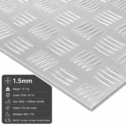 Aluminium Chequer Plate 8x4 (2500 x 1250mm) – 5754 Five Bar